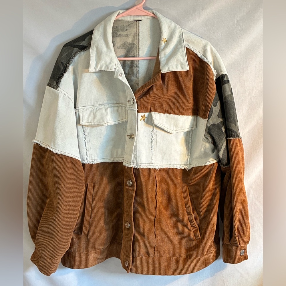 Oversized mixed media color block corduroy denim camouflage jacket size XL patch